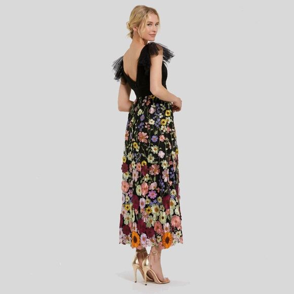 Mac Duggal 68204 Size 4 Black Floral‎ Embroidered Ruched Flutter Sleeve Dress - Picture 4 of 4